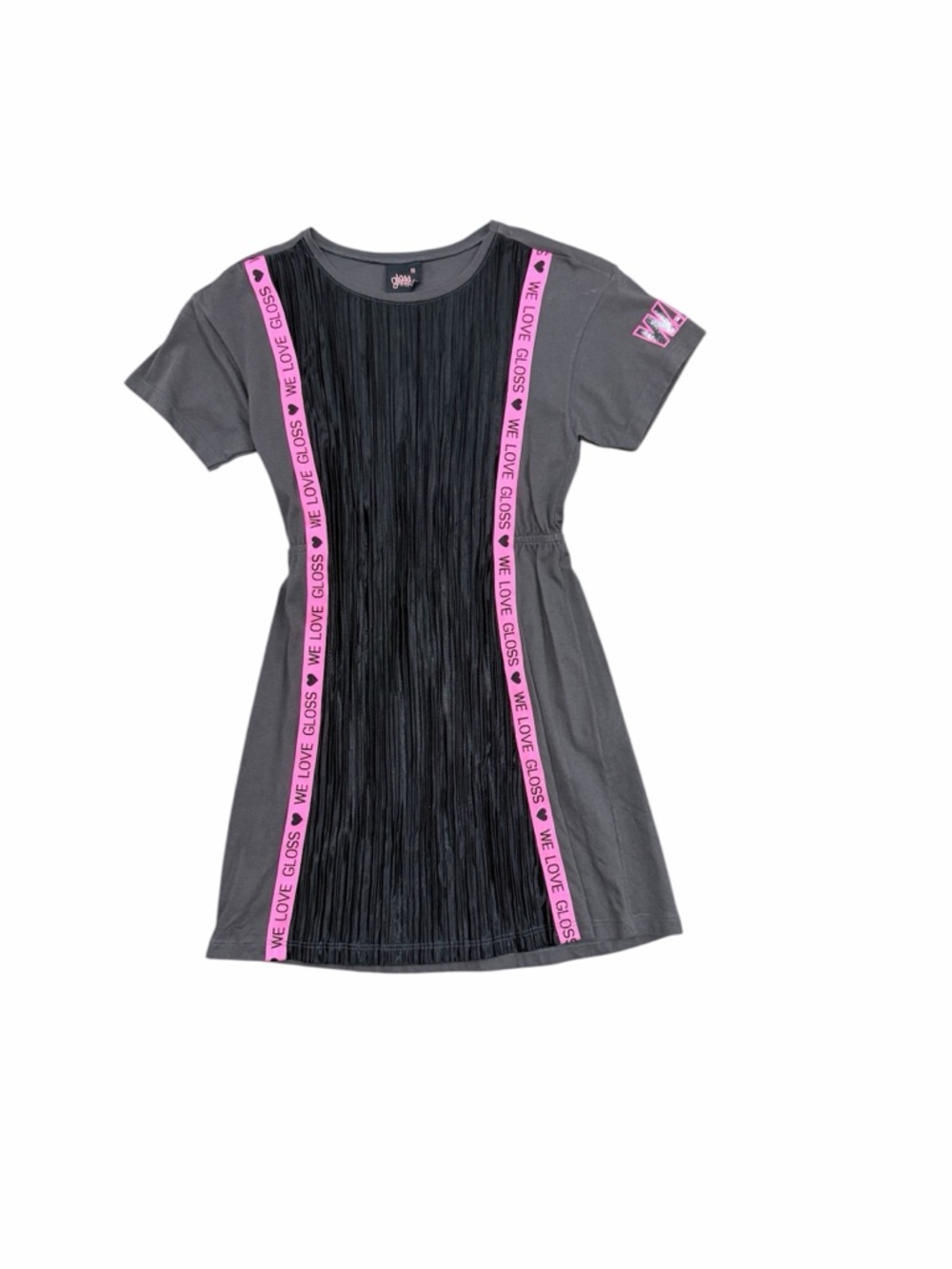 Brand Gloss Brazil. Girls' Gray Dress with Black Front Panel and Pink Trim by